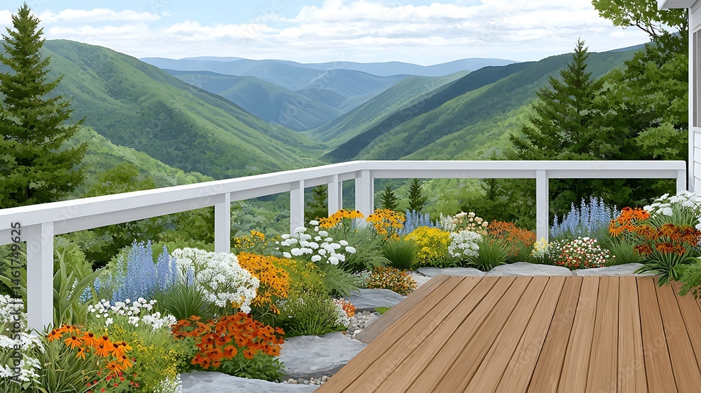 Fototapeta premium Mountain View Deck with Vibrant Flower Garden and Wooden Flooring