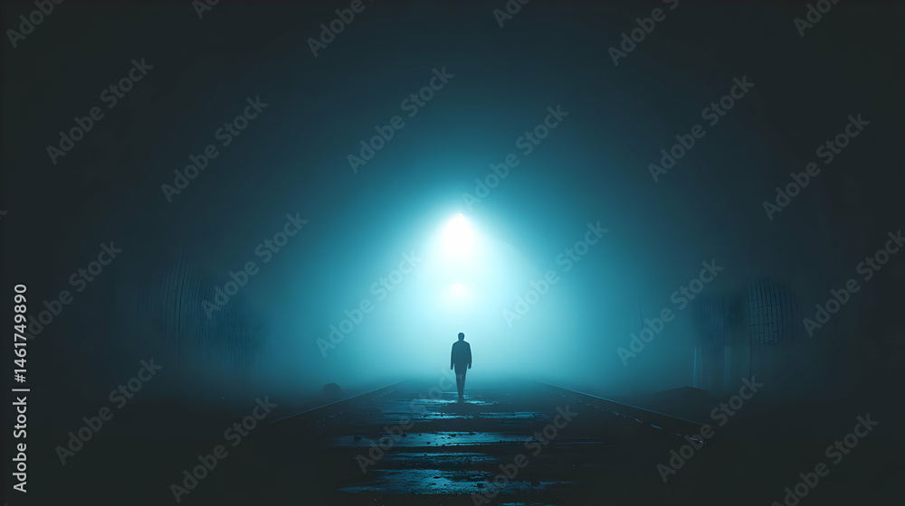 Fototapeta premium with a lone person walking toward distant light