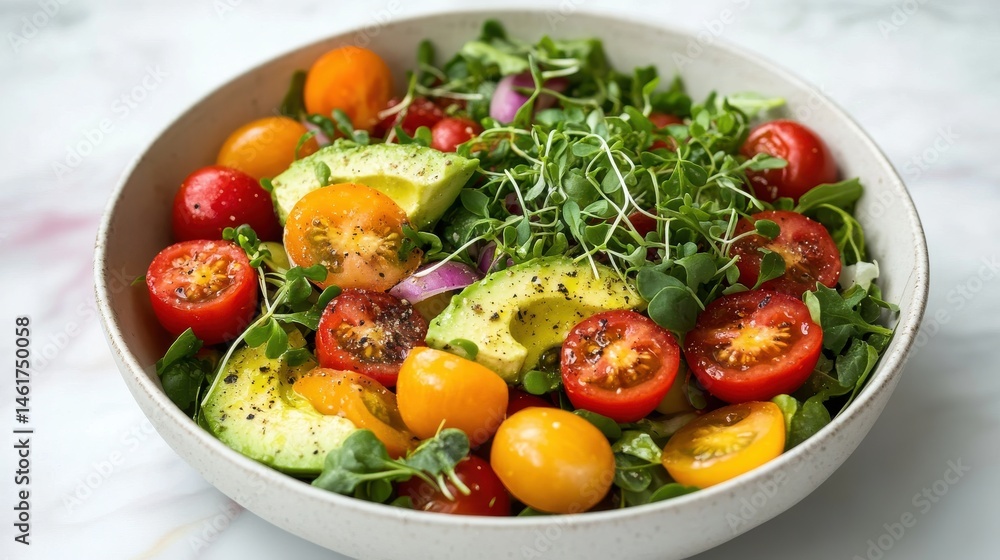 Vibrant fresh salad bowl with tomato, avocado, and microgreen Vibrant fresh salad bowl with tomato, avocado, and microgreen