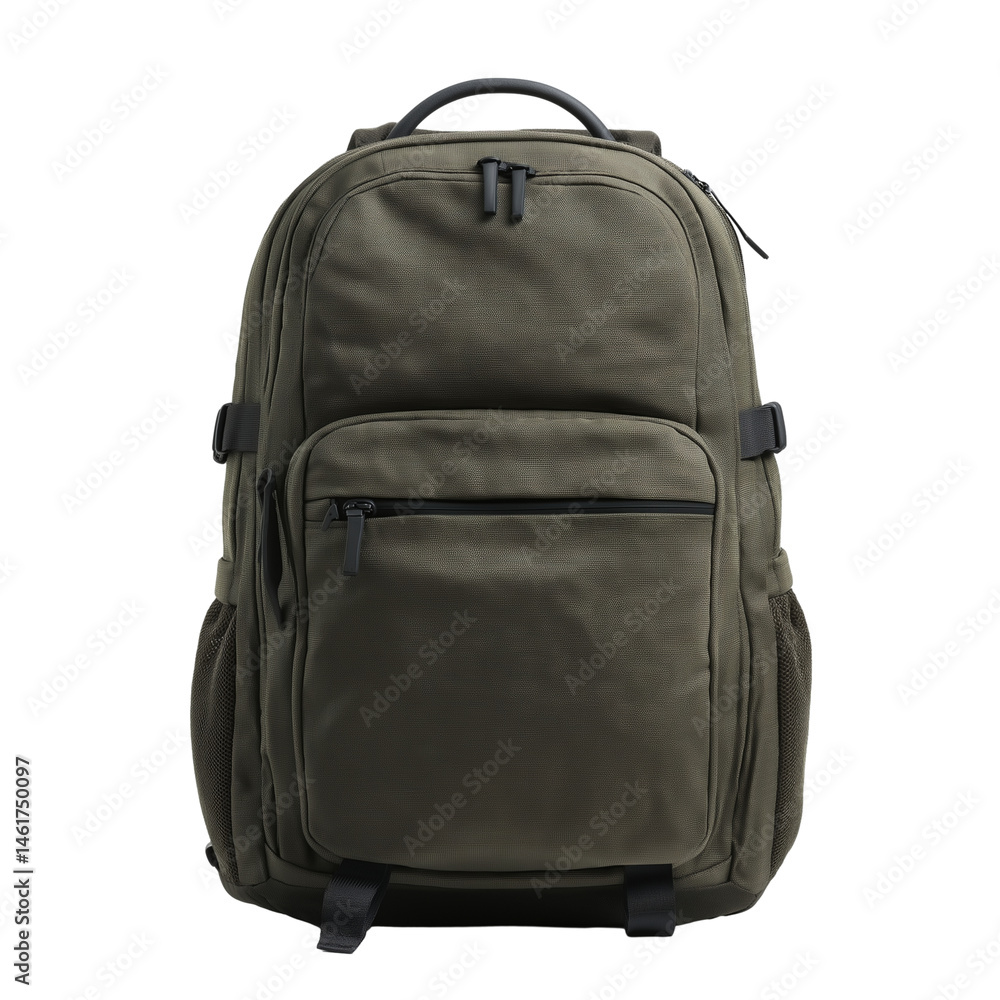 Fototapeta premium new olive green backpack with multiple compartments and adjustable straps isolated on white background