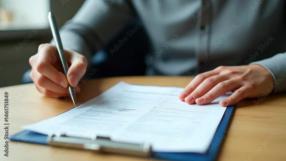 Individual filling out a document on a wooden table, with a soft-focus background of a room Individual filling out a document on a wooden table, with a soft-focus background of a room
