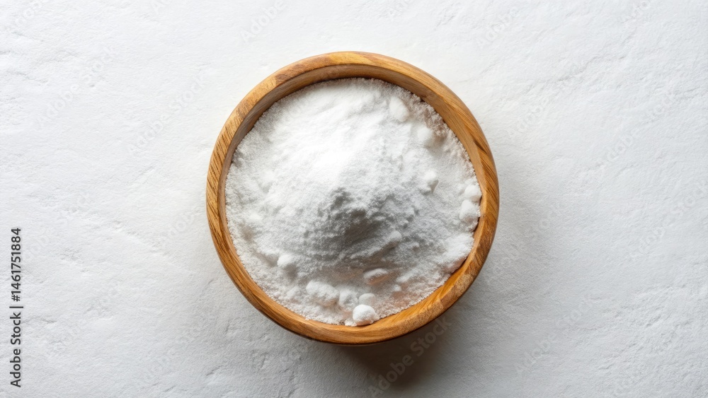 Baking Soda Top View, Sodium Bicarbonate, White Background, Minimalist Photography, Powder, Kitchen Ingredient Baking Soda Top View, Sodium Bicarbonate, White Background, Minimalist Photography, Powder, Kitchen Ingredient