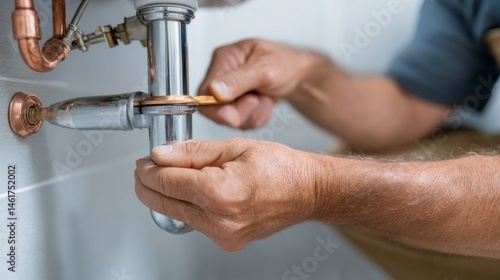 A skilled plumber is focused on fixing sink pipes in a residential kitchen, ensuring a proper seal with a wrench. Tools and plumbing parts are visible nearby