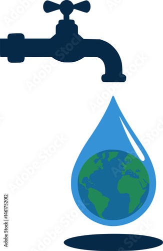 Sustainability Concept Vector – Earth Inside a Water Drop from Tap, Save Water Save Life , water is life.