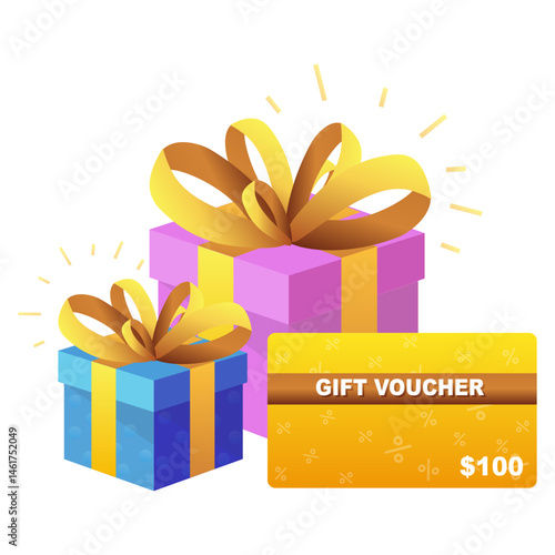 Discount coupon surprise boxes with confetti, cashback voucher for promotion. Vector illustration.