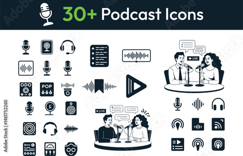 Minimalist Podcast Icons – Black and White Audio Equipment and Communication Symbols for Digital Media Design