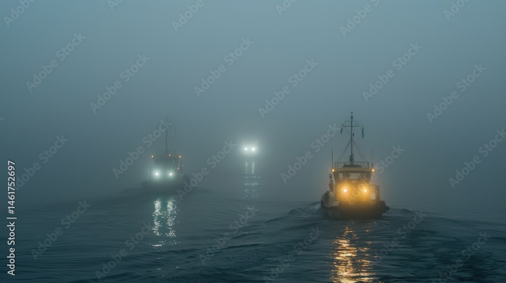 Fototapeta premium Military Convoy in Foggy Strait