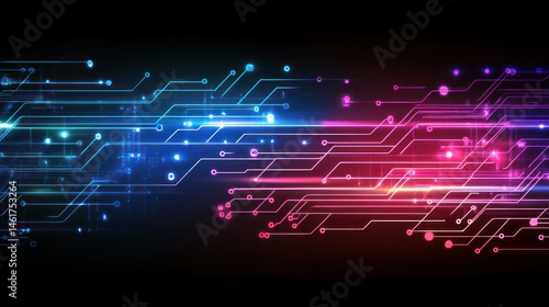 Abstract digital circuit board with glowing lines and points, creating a futuristic technology background.
