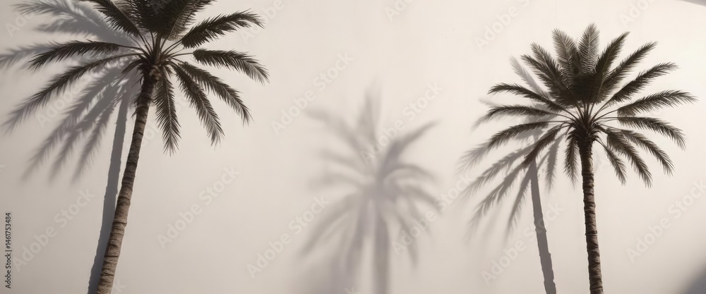 Fototapeta premium Deep, textured palm tree shadow projected on a sunlit white wall, photography, sun, fronds