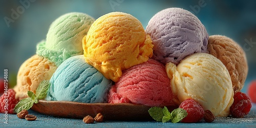 Colorful assortment of ice cream scoops served with fruits and mint leaves on a wooden plate