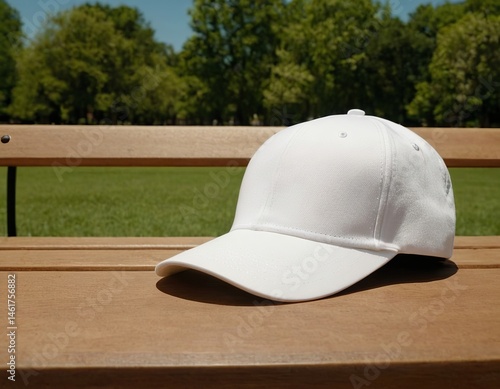 A stylish white cap resting on a wooden bench in a bright, sunny park setting.