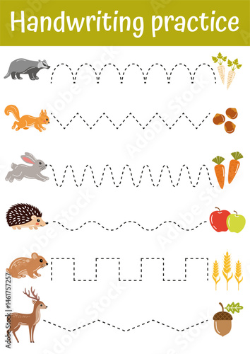 Handwriting practice. Tracing lines, worksheet for kids. Writing training page. Educational game and activity for preschool, kindergarten. Fine motoric skills practice for kids. Writing exercises.
