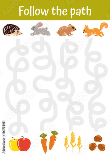 Fine motoric skills practice for kids. Tracing lines, handwriting training worksheet. Writing training page with cute animals for children. Educational game, activity for preschool, kindergarten.