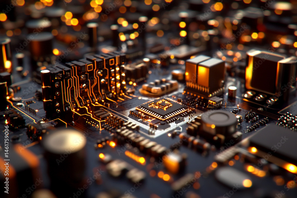 Close-up of an orange microcircuit. Electronic component. Orange microchip. Detailed view