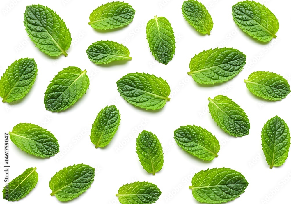 Scattered fresh green mint leaves arranged on a white background in a repeating pattern design Scattered fresh green mint leaves arranged on a white background in a repeating pattern design