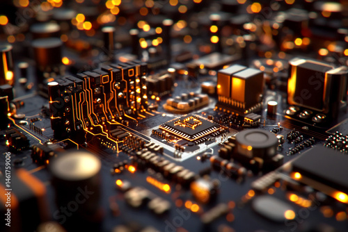 Obraz na płótnie Close-up of an orange microcircuit. Electronic component. Orange microchip. Detailed view w salonie