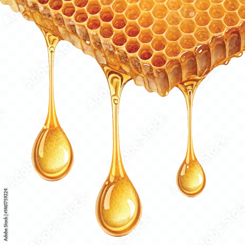 realistic fresh golden honeycomb dripping liquid honey isolated on transparent background