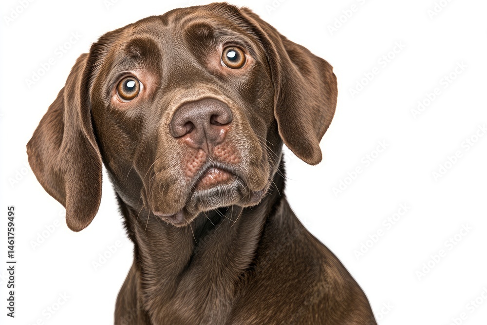 Close-up of a chocolate Labrador Retriever, head and shoulders, looking inquisitively upward. Eyes are large and expressive Close-up of a chocolate Labrador Retriever, head and shoulders, looking inquisitively upward. Eyes are large and expressive