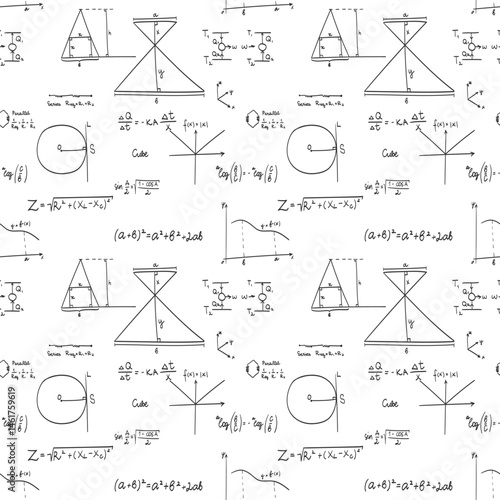 Seamless doodle vector pattern of scientific formulas on a school board in black and white
