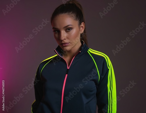 A confident young woman in a stylish sporty jacket poses against a dramatic backdrop.