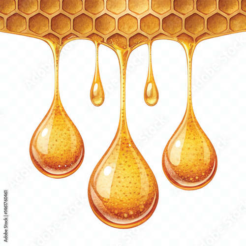 realistic fresh golden honeycomb dripping liquid honey isolated on transparent background
