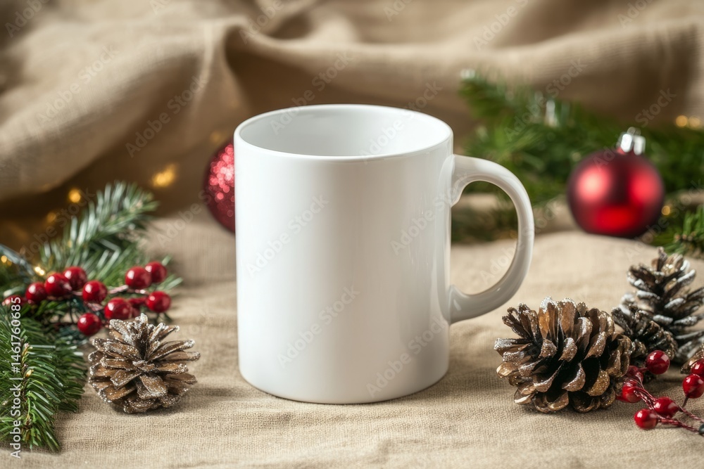 White ceramic mug with festive holiday decor including red ornaments, pinecones, and evergreen branches on white cloth White ceramic mug with festive holiday decor including red ornaments, pinecones, and evergreen branches on white cloth