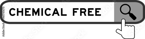 Search banner in word chemical free with hand over magnifier icon on white background