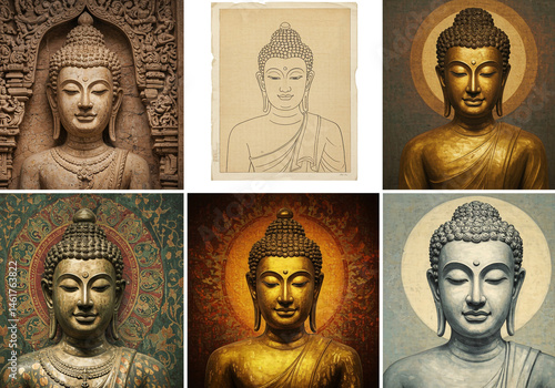 Obraz na płótnie Serene Buddha Statues: Collage Artwork w salonie