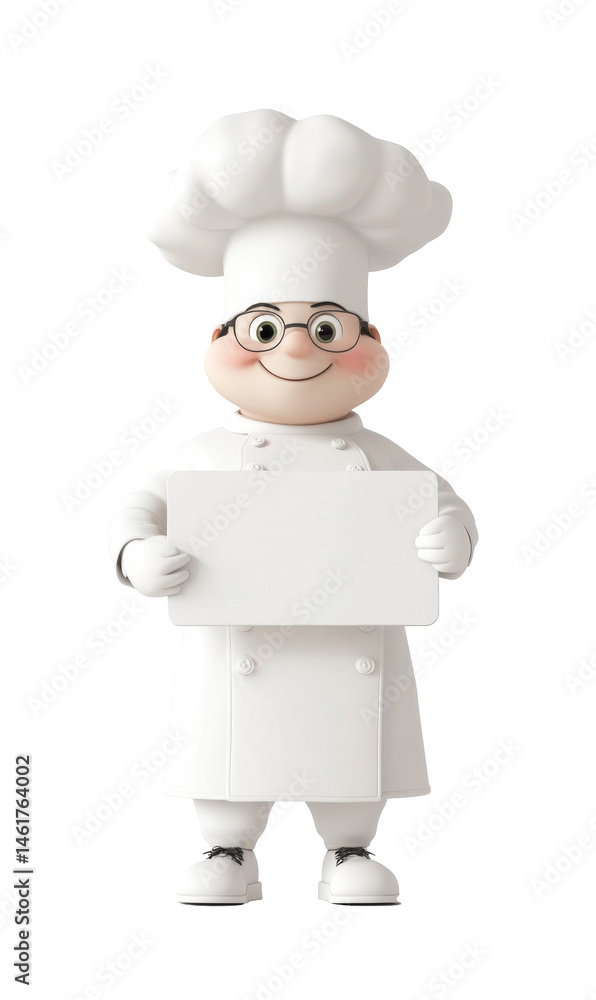 Cartoon chef character holding blank sign in white uniform and hat Cartoon chef character holding blank sign in white uniform and hat