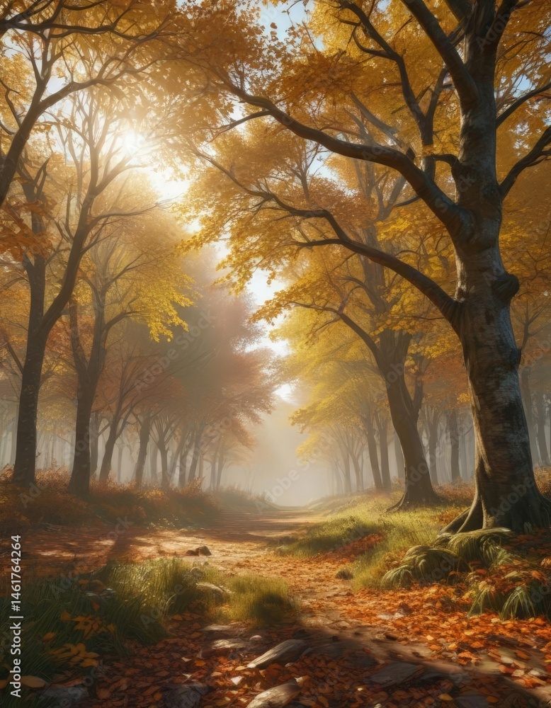 Fototapeta premium Sun-dappled autumn clearing, dense deciduous foliage , aspen, leaves, vegetation