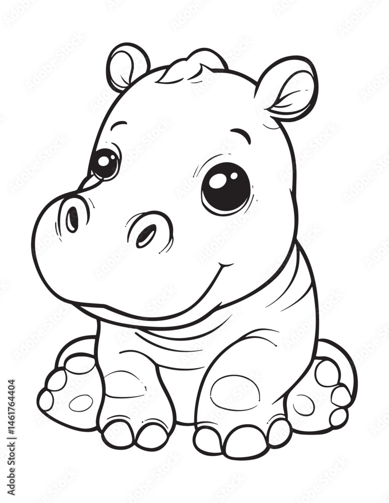 Fototapeta premium Smiling Baby Hippo – Line Art Coloring Page