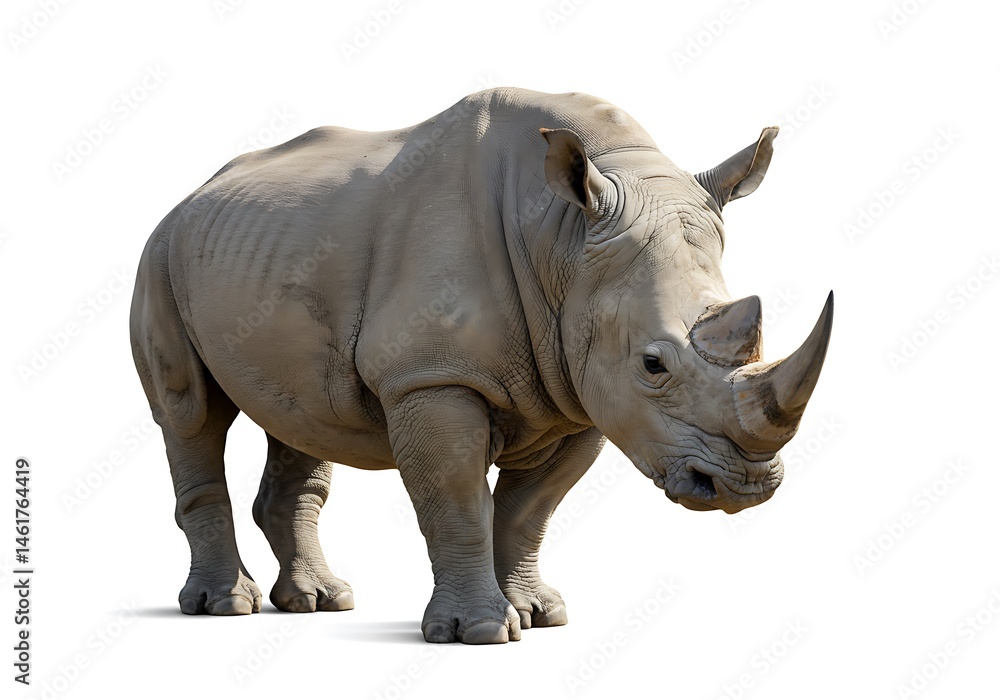 A full body shot of a rhinoceros standing on a white background facing the camera directly ahead A full body shot of a rhinoceros standing on a white background facing the camera directly ahead