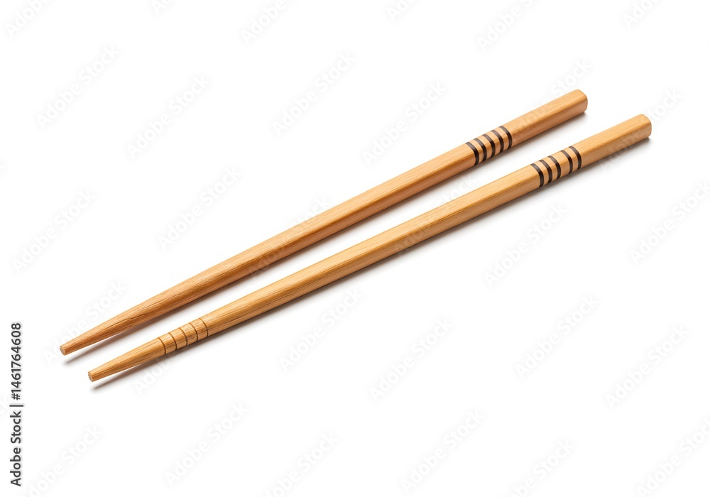 A pair of wooden chopsticks with dark stripes on a white background in a horizontal composition view A pair of wooden chopsticks with dark stripes on a white background in a horizontal composition view