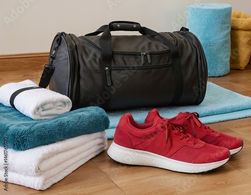 Sports duffel bag and red sneakers next to neatly stacked towels in a gym-like setting.