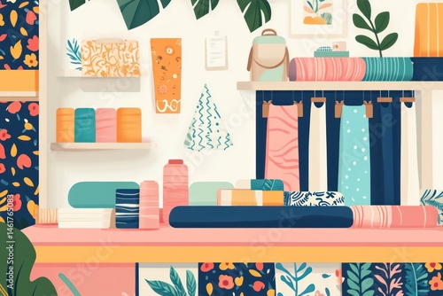 Colorful fabric shop interior with shelves, textiles, and accessories.