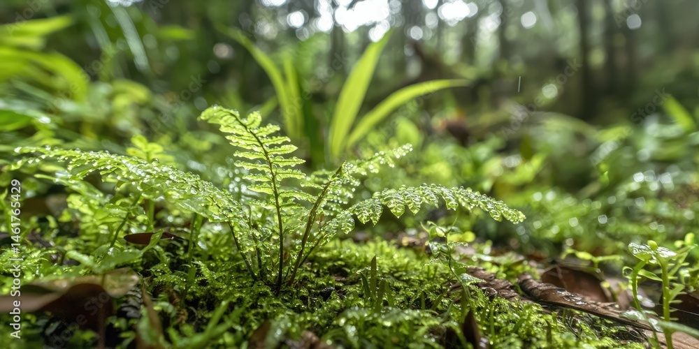 The floor of the forest dappled in morning light, ferns and moss sparkling with dew. The floor of the forest dappled in morning light, ferns and moss sparkling with dew.