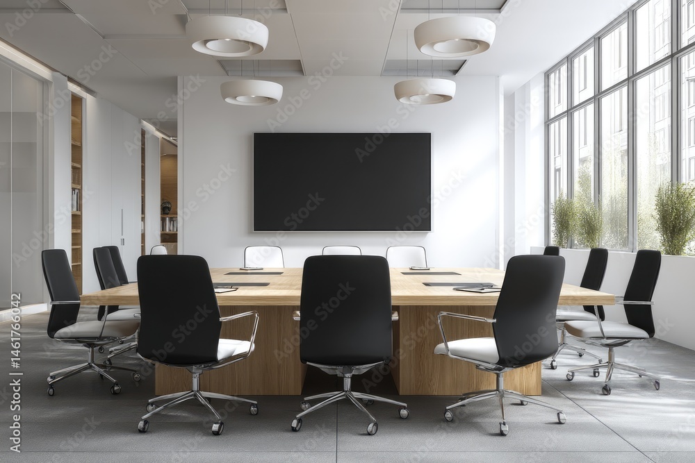Modern, bright conference room with a large blank screen, light-colored wood table, and black chairs. Natural light streams in through large windows. Organized and minimalist design Modern, bright conference room with a large blank screen, light-colored wood table, and black chairs. Natural light streams in through large windows. Organized and minimalist design