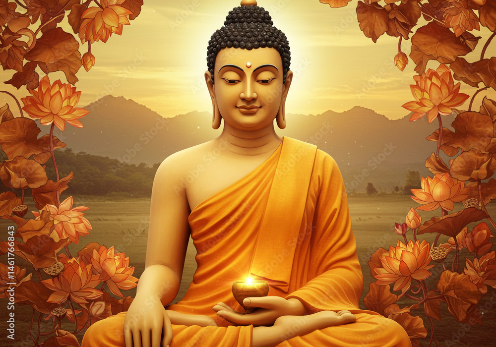 Serene Buddha Statue with Lotus Flowers