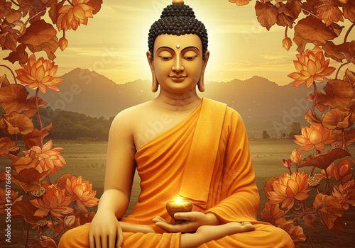 Obraz na płótnie Serene Buddha Statue with Lotus Flowers w salonie