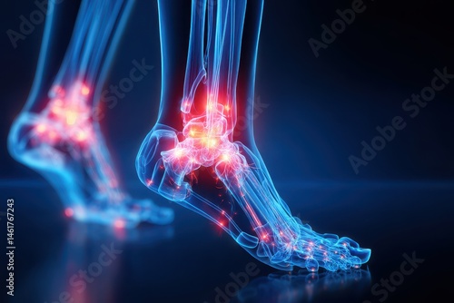 Digital illustration of human feet showing bones and joints with highlighted inflammation, representing pain or arthritis in the ankle and foot.