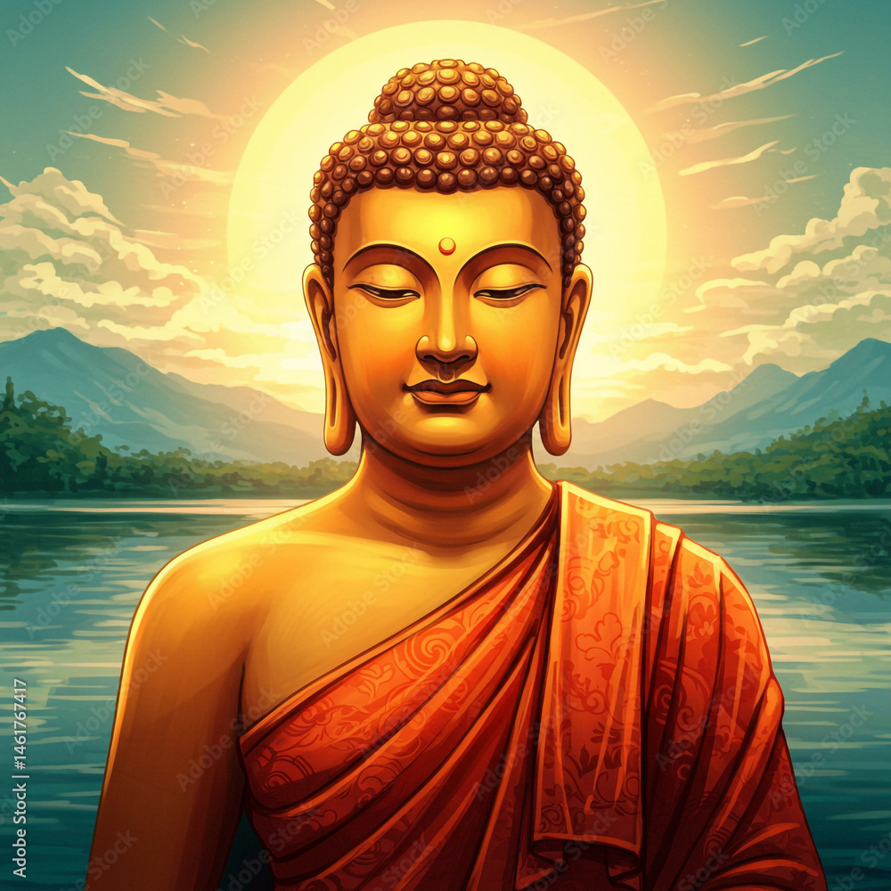 Serene Buddha at Sunset by the Lake