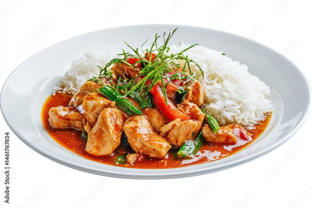 Chicken stir-fry with red sauce over rice Chicken stir-fry with red sauce over rice