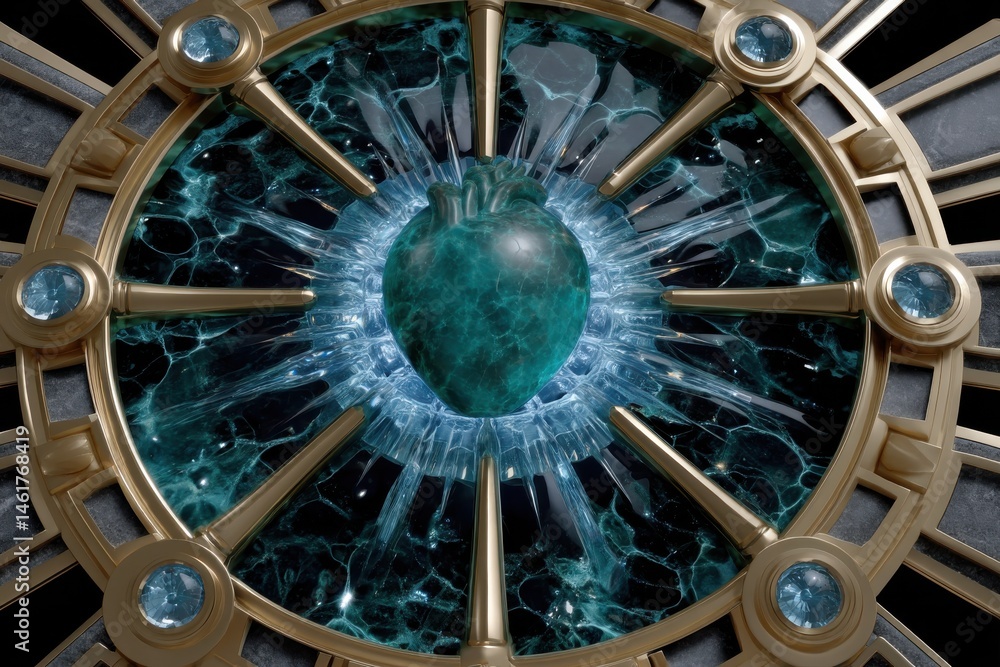 Obraz premium An artistic centerpiece featuring a stylized heart in vibrant turquoise and gold, surrounded by intricate designs, symbolizing love, passion, and emotional connections.