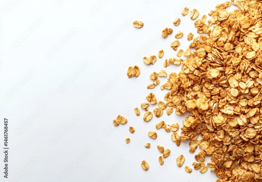 Scattered toasted oat flakes on white background. A close-up view of the breakfast cereal Scattered toasted oat flakes on white background. A close-up view of the breakfast cereal