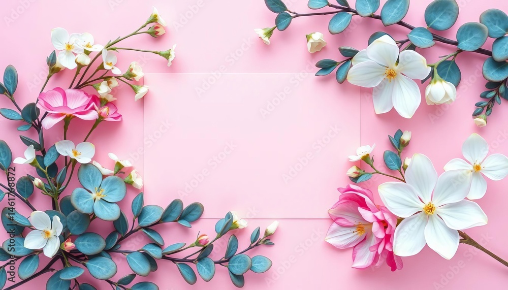 Fototapeta premium Pastel pink background, blank card mockup framed by delicate flowers and eucalyptus, note card, nature