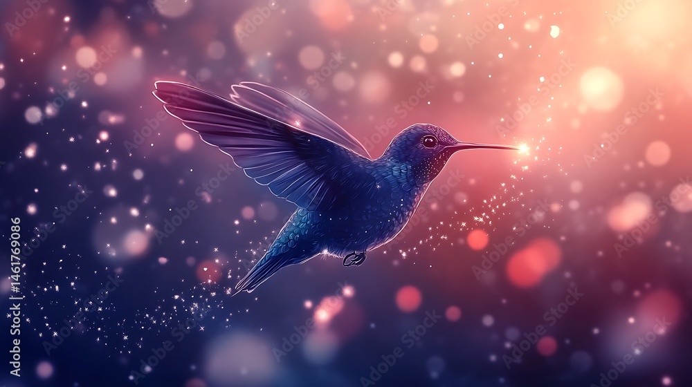 Fototapeta premium A celestial anime hummingbird flying past a radiant full moon