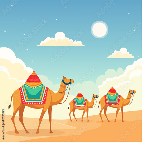 A caravan of camels adorned with colorful fabrics and ornaments, traversing the golden sands of a desert under a clear blue sky, symbolizing the journey of Hajj