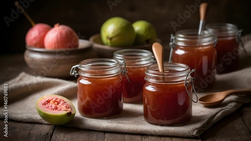 Guava preserves in jars alongside fresh guavas on a wooden table display in a rustic kitchen setting Generative AI