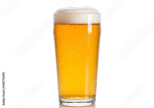 A pint glass filled with light beer and a thick layer of white foam against a white background scene