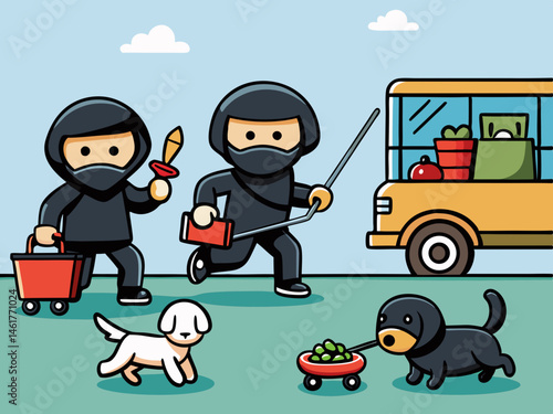 Cartoon Ninjas Stealthily Running Errands A Hilarious Illustration